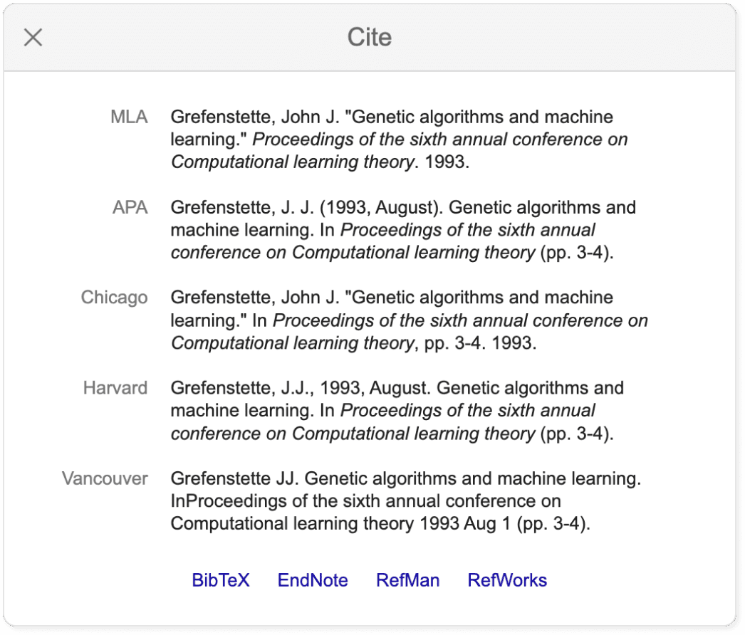 Google Scholar citation panel